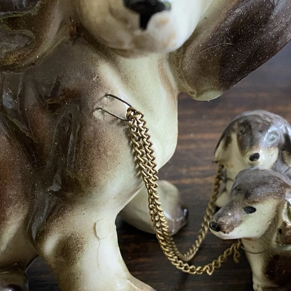 VTG DACHSHUND‎ Ceramic Figurines Mom And 2 Puppies Brown & White Flaw